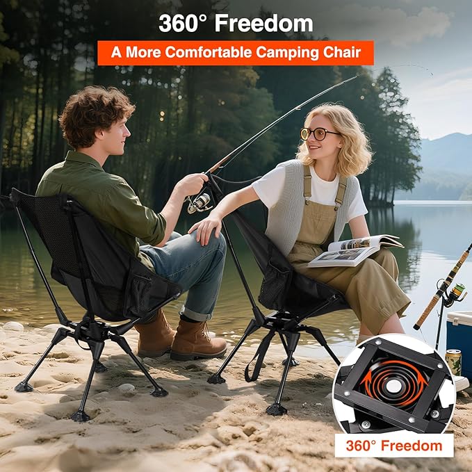 Trakiom 360° Swivel Folding Camping Chairs, Compact and Portable Chair for Outdoor Camp, Foldable Chairs with Anti-Sinking Large Feet for Travel, Beach, Picnic, Sports, Fishing Support 300 LBS(Black)
