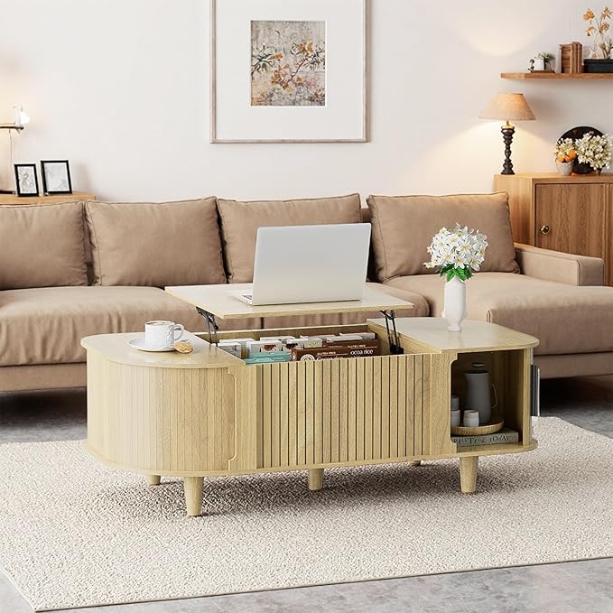 Oval Lift Top Coffee Table, Mid Century Modern Center Table with 3 Hidden Compartment, Coffee Tables with Storage Open Shelf and Sliding Cabinet Door for Home Living Room Office (Natural)