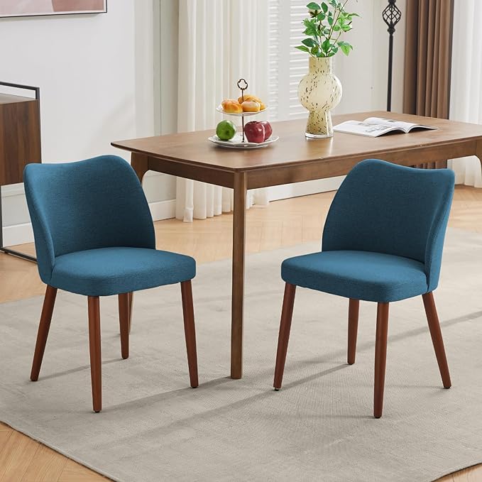 ElfinAura Dining Chair Set of 4, Linen Upholstered Dining Chair with Wood Legs, Wing Backrest, Wooden Kitchen Chair, Kitchen Chairs with Thick Cushions for Dining Room, Living Room, Blue