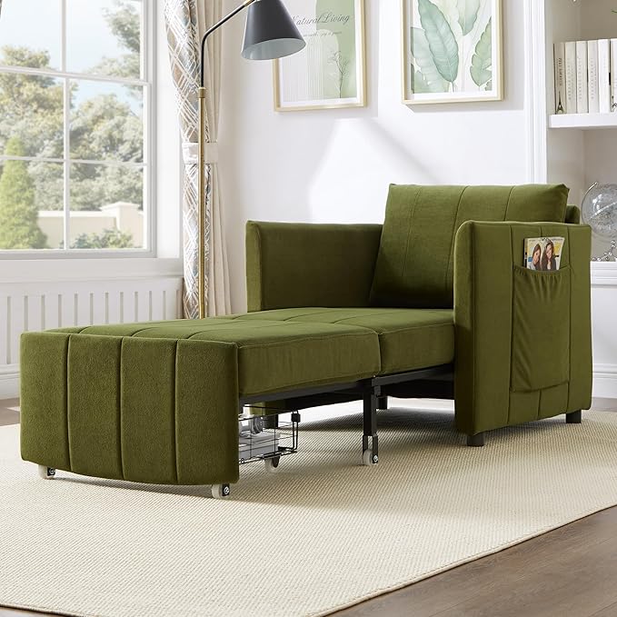 Merax Convertible Chair Bed, 3-in-1 Pull Out Sleeper Couch with Adjustable Backrest, Side Pockets and a Storage Basket, Chenille Folding Sofa Bed for Living Room, Apartment, Green