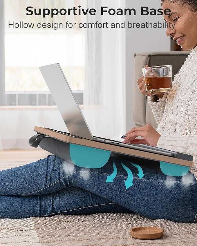 Lap Desk - Up to 17” Laptop Tray with Wrist Rest, Portable Handle, Fixed Mouse Pad, Tablet & Phone Slots, Laptop Stand for Bed with Cushion (Dark Brown Woodgrain)