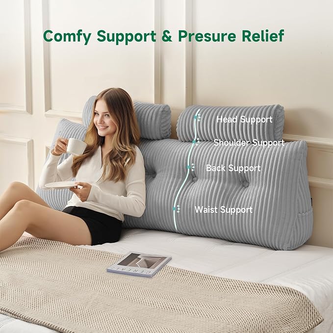 Z-hom Large Wedge Pillow Headboard, Full Triangular Headboard Pillow, Reading Pillow Bed with a Roll Pillow for Bed Sitting Up Sleeping, Backrest Cushion Headboard Gap Pillow for Back, Light Gray