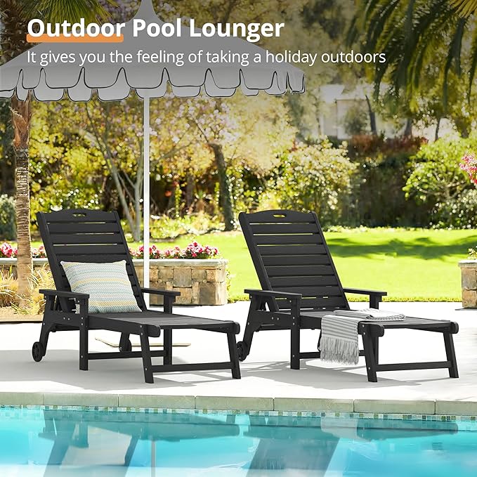 LUE BONA Outdoor Chaise Lounge, HDPS Chaise Lounger, 5 Positions Adjustable Lounge Chairs, Pool Lounge Chair with Wheels for Poolside, Backyard, Black