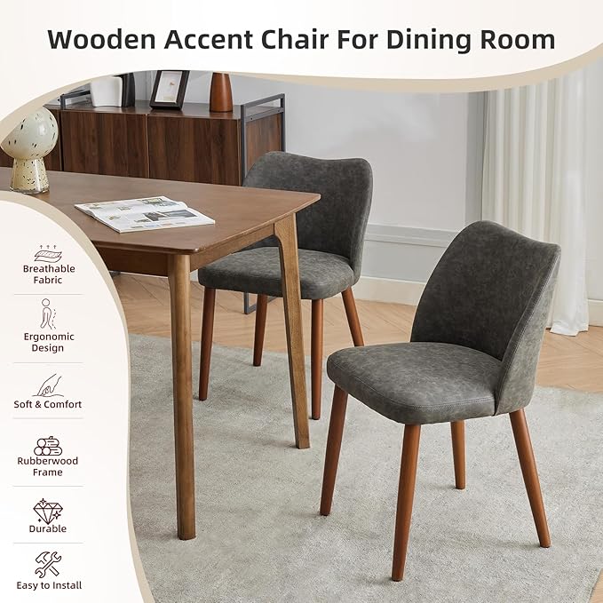 ElfinAura Dining Chair Set of 6, Leather Upholstered Dining Chair with Wood Legs, Wing Backrest, Wooden Kitchen Chair, Kitchen Chairs with Thick Cushions for Dining Room, Living Room, Dark Grey