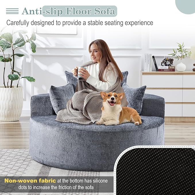 Oversized Round Chaise Longue Chair Indoor, Modern 55-inch Upholstered Chenille Deep Seat Circle Single Cloud Lounge Floor Sofa Chair for Living Room, Bedroom Apartment, Grey