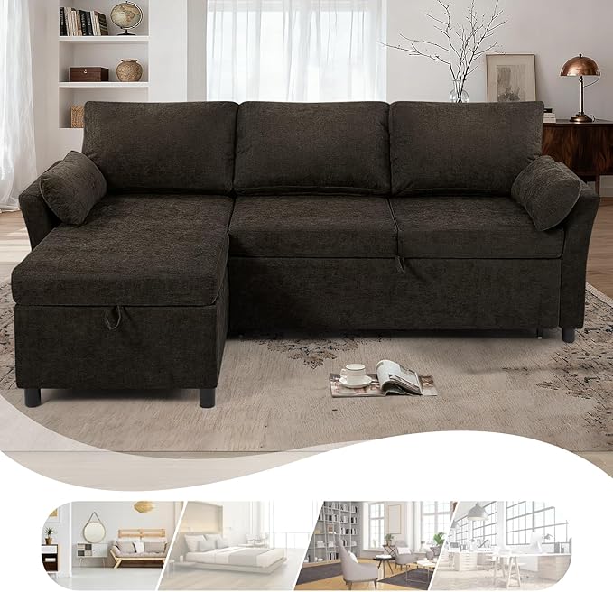 ACMEASE 83 Inches Fabric Sectional Sofa with Pull Out Sofa Bed, Modern L Shaped Sofa with Throw Pillows, Comfortable Sleeper Couch with Storage Chaise for Living Room, Brown