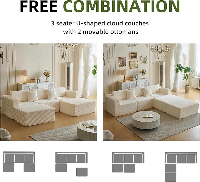 110" Modular Sectional Couch with 2 Movable Ottoman, Cloud Sofa Couches for Living Room, U Shaped Deep Seat Boneless Sofa,Luxury Corduroy Fabric, No Assembly Required White