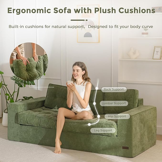 MAXYOYO 3-Seater Boneless Sofa Couch, Tufted Sofa Lounge for Living Room, Comfy Bean Bag Chair High-Density Foam Couch with Pillows, No Assembly Required