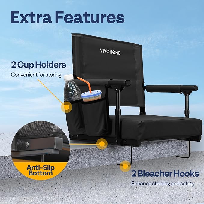 VIVOHOME Stadium Seats with Back Support and Cushion, 2 Pack Portable Bleacher Chairs with Cup Holder and Shoulder Strap