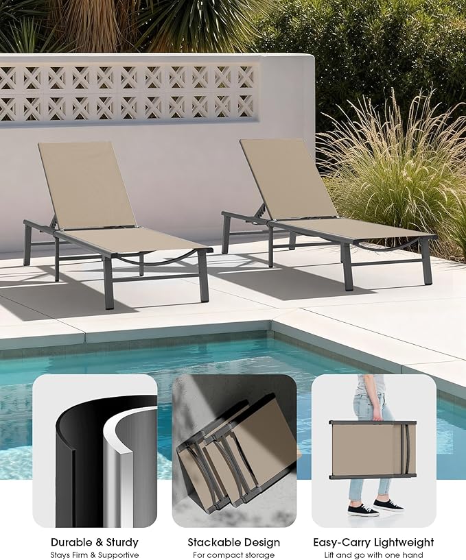 Ciokea Aluminum Outdoor Lounge Chair Set of 2- No Assembly Needed, Foldable Patio Chaise Lounge with 5 Adjustable Positions, Reinforced Frame for Extra Durability, Pool Beach Lounge Chair, Khaki