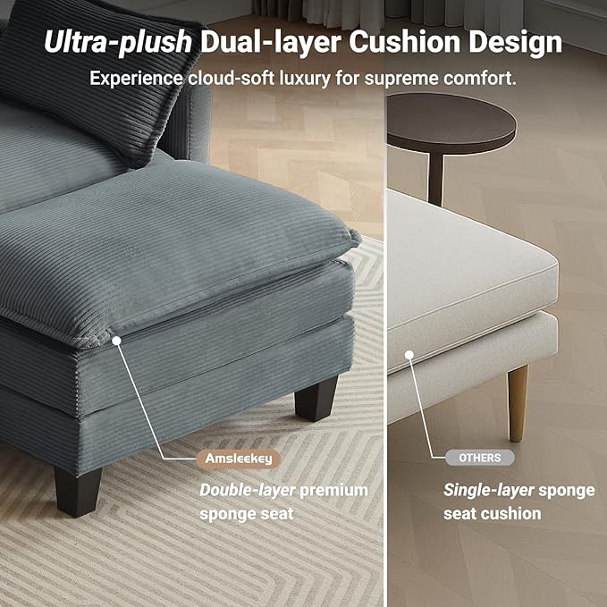 Amsleekey Modular Sectional Sofa, 111.5" U-Shaped Corduroy Comfy Sectional Couches for Living Room, 3-Seater Cloud Couches with 2 Movable Ottomans, Flexible Combination Modern Deep Seat Sofa (Grey)