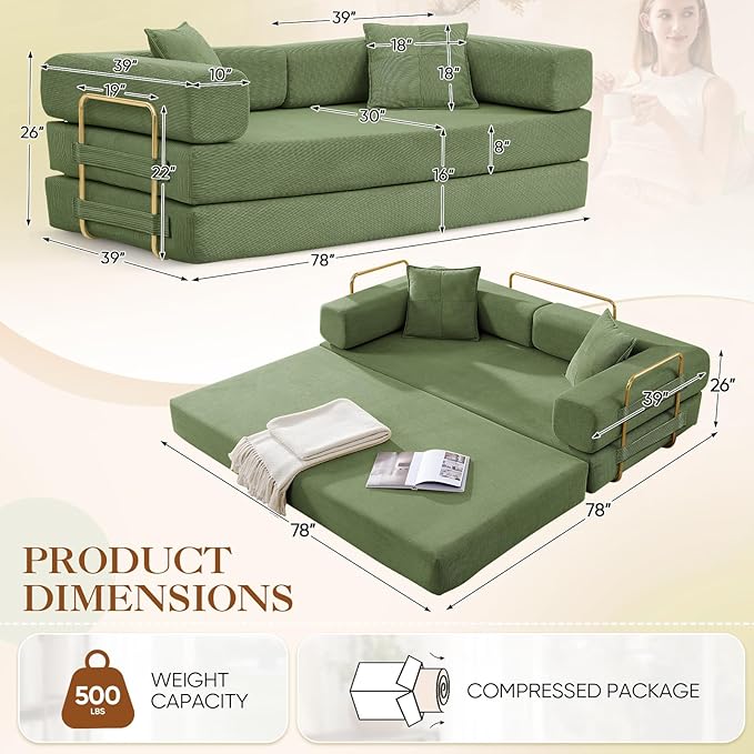 Antetek Convertible Futon Sofa Bed, 3 Seater Modern Corduroy Foam Floor King Size Bed Fold Out Sleeper Lounge Loveseat Sofa Couch with 2 Throw Pillows for Living Room Bedroom Guest Room, Green