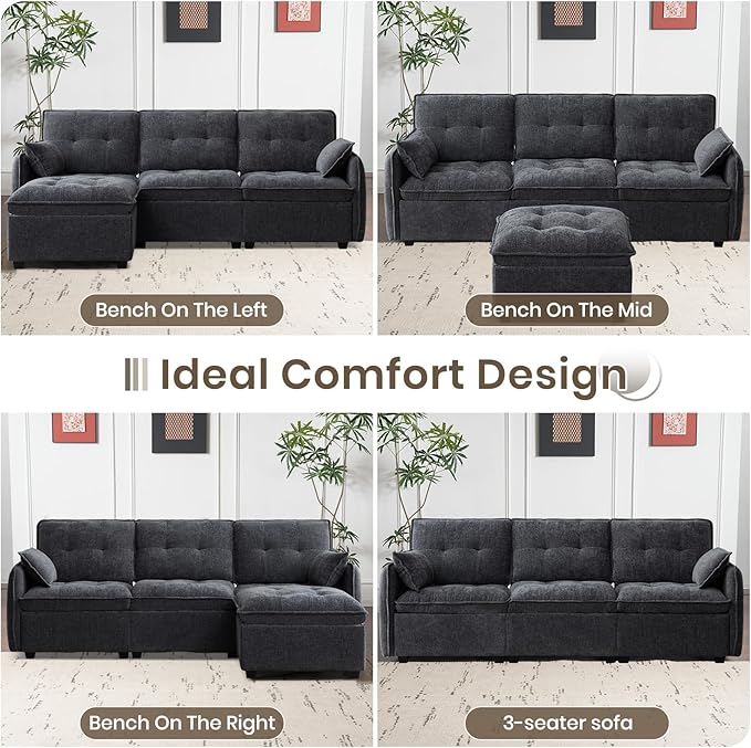 PALLOME 96" Modular L-Shaped Sofa - 3-Seat Cloud Couch with Movable Ottoman, Extra Deep Seat Sofa Couch with Throw Pillows for Living Room & Small Spaces (Grey, 3-Seat + Ottoman)