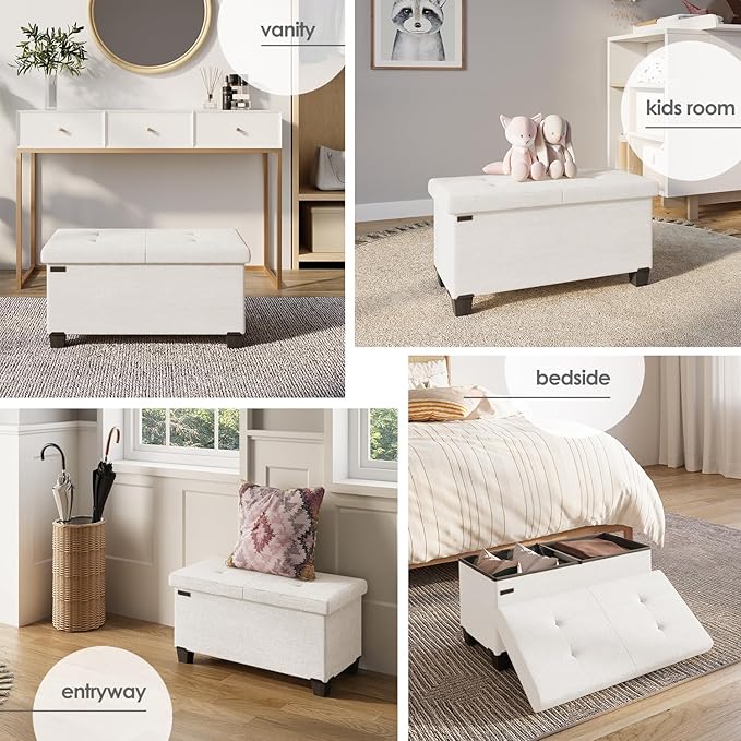 Storage Ottoman Bench with Bins, 30-in Storage Bench for Bedroom End of Bed, Folding Foot Rest Ottoman for Living Room Max 660lbs, Fabric Ottomans, Cream