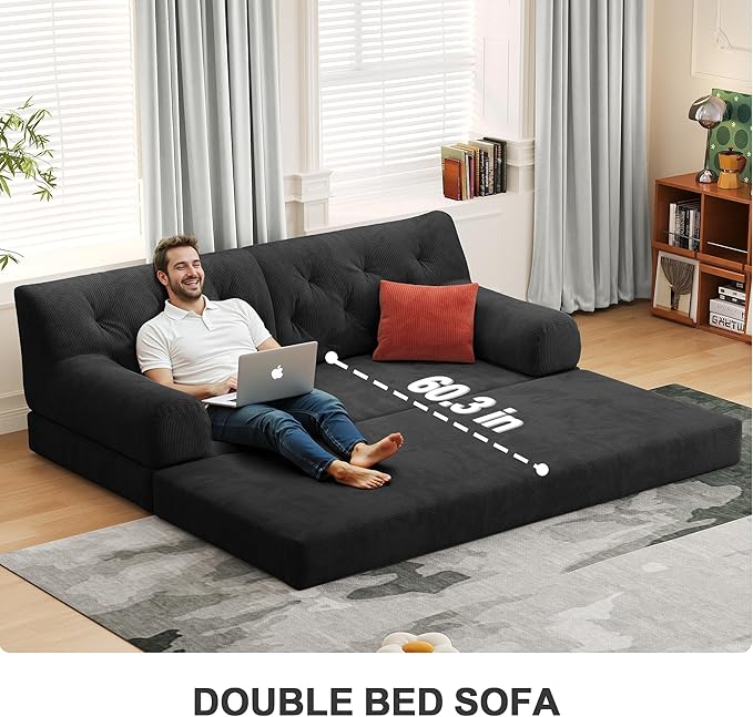 Carzzi-Life 79" Convertible Sofa Bed with Pillows, Corduroy Folding Sleeper Sofa with Fixed-Shape Frame, Boneless Couch for Living Room Bedroom, Floor Sofa Lounge No Assembly Required (Grey)