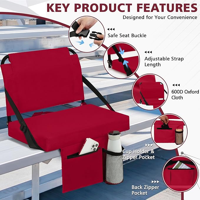 Stadium Seat for Bleachers with Back Support and Wide Padded Cushion Stadium Chair - Includes Shoulder Strap and Cup Holder