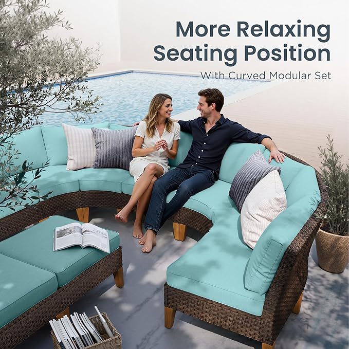 PHI VILLA 3-Piece Half-Moon Patio Furniture Set, Outdoor Curved Sectional Sofa Conversation Set with Cushions, Wicker Modular Couch for Garden, Deck, Backyard, Aqua Blue
