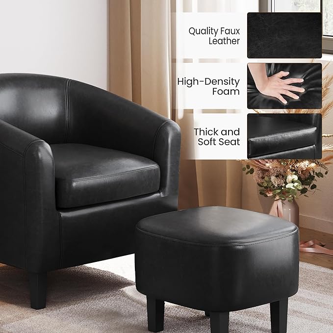 Yaheetech Accent Chair with Ottoman Set, Modern Faux Leather Upholstered Soft Barrel Chair and Footrest, Club Armchair and Footstool for Living Room/Bedroom/Reading Room/Guest Room, Black