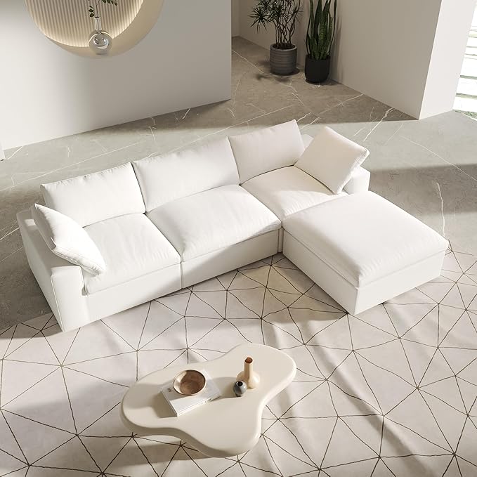 L-Shaped Cloud Sectional Couch, White Modular Sectional Sofa, Modern Comfy Cloud Sofa with Storage Ottoman, Covers Removable, Convertible Sleeper Couch for Living Room Apartment (Linen Fabric)