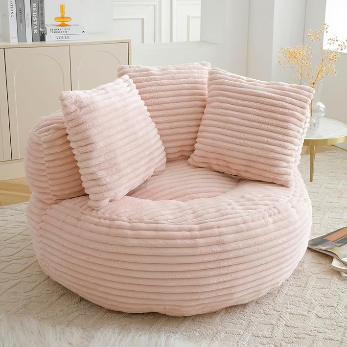 Bean Bag Chair, Corduroy Oversized Chair for Adults, Comfy Big Accent Sofa Lounge Floor Chair, Stuffed Bean Bag Couch for Gaming, Reading, Living Room, Bedroom, Pink