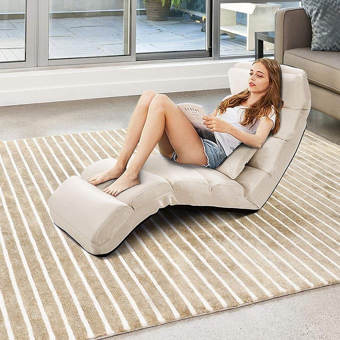 Moccha Floor Chairs for Adults, Adjustable 5-Position Floor Lounger w/Thick Padded & Pillow, No Assembly Folding Lazy Sofa Chair for Gaming, Sleeping, Light Weight Chaise Lounge Indoor, Beige