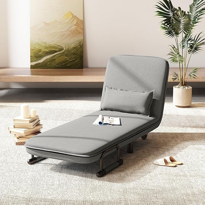 Giantex Convertible Sofa Bed, 3-in-1 Folding Sleeper Chair with 5-Position Adjustable Backrest, Wheels, 2 Legs, Recliner Chaise Lounge with Pillow, Armchairs for Nursery Living Room (Light Gray)
