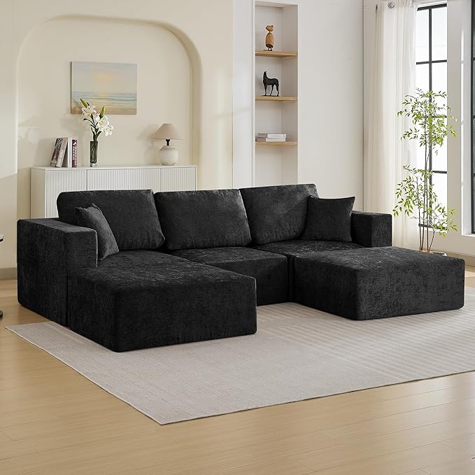 115'' U Shaped Boneless Sofa Couch, 3 Seater Modular Sectional Sofa with 2 Movealbe Ottoman, Chenille Convertible Sleeper Couch with Chaise for Living Room, Black