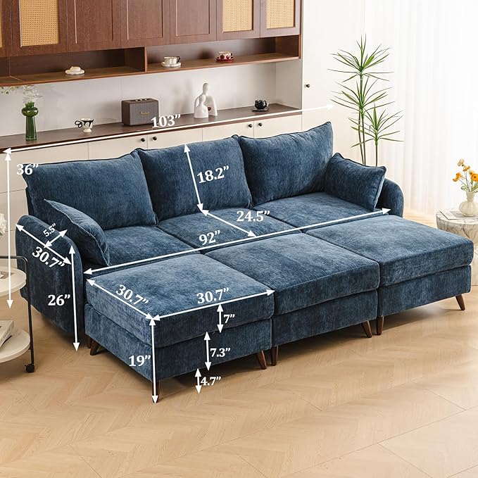 Rexulqo 104'' Modular Sectional Sofa with All Seats Storage, Oversized Sleeper Sofa Bed,Comfy Cloud Couches with Movable Ottoman,24.5'' Deep Seat,Large Sectional for Living Room,Bedroom,Velet,Blue