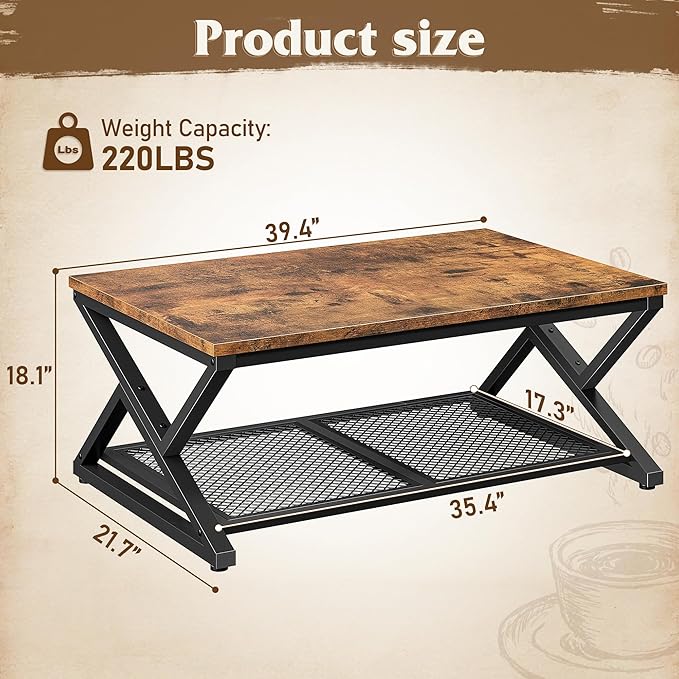 EnHomee Coffee Table with Storage, Modern Coffee Tables for Living Room with Mesh Shelf, 2 Tier Rectangular Center Table for Living Room, Bedroom, 39.4 Inch, Rustic Brown