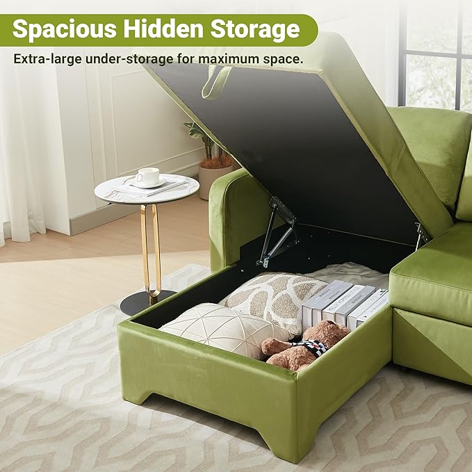 Tbfit 90.6'' 3 in 1 Sleeper Sofa Couch with Storage Chaise, Velvet Sofa Bed with Pull Out Bed, Convertible Sleeper Sofas for Living Room, Small Spaces, Green
