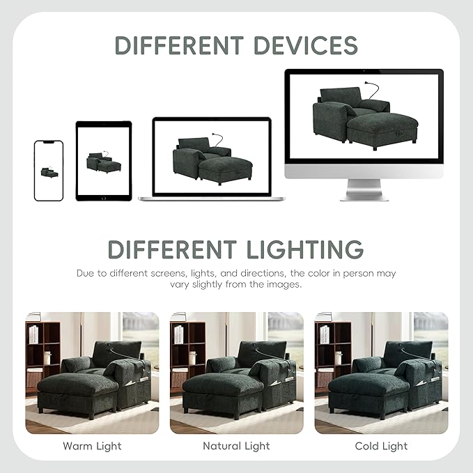 Chenille Single Sofa with Storage Ottoman, Adjustable Phone Holder, USB Charger, Side Storage Pockets, Pillow-Like Armrests, Wide Seat Chaise Lounge for Living Room & Apartment, 4 Colors