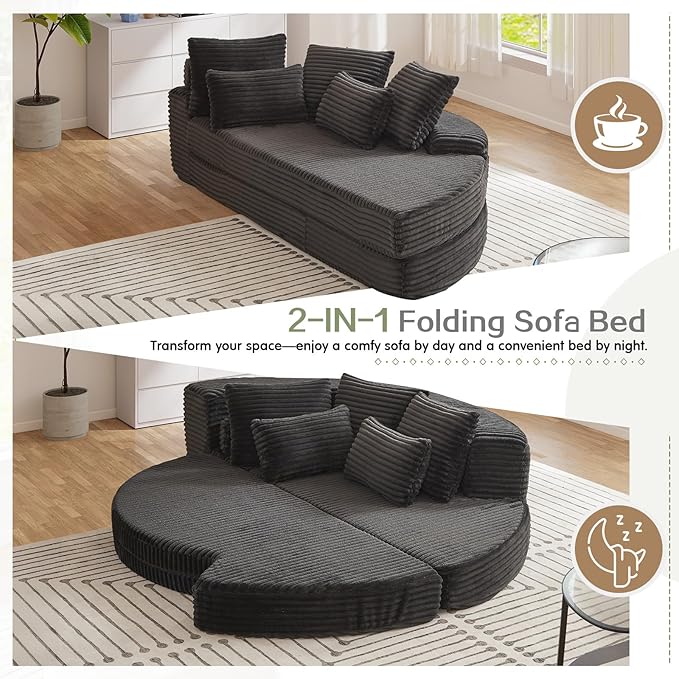 Antetek Chaise Lounge Chair Indoor, Convertible Folding Futon Sofa Bed w/ 5 Pillows, Fluffy Corduroy Boneless Compressed Memory Foam Couch for Living Room, Bedroom (Black, Right Half)