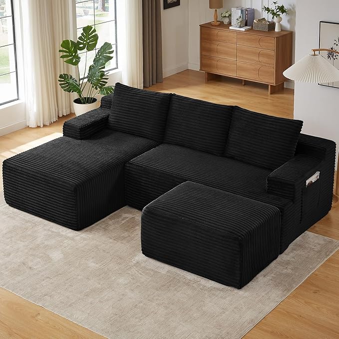 96" W Cloud Sectional Couch with Ottoman,Modern U-Shaped Cloud Couch with Side Pockets,Comfy Corduroy 3-Seater Sofa,Memory Foam Sofa for Living Room,No Assembly (Black,Left-Facing Chaise)