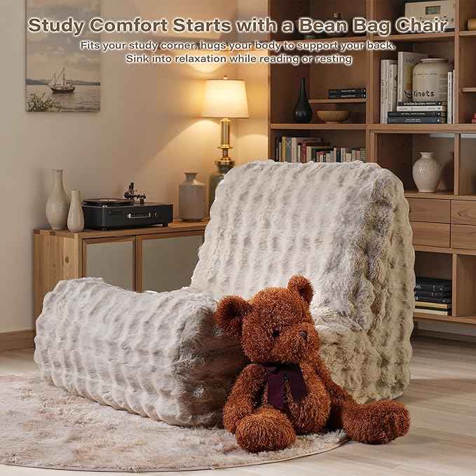 Beige Bean Bag Chairs for Adults,Comfy Small Bean Bag Sofa with Back Support,Memory Foam Bean Bag Chair for Kids,Faux Fur Fireside Beanbags Lazy Sofa for Bedroom,Dorm,Apartment,Living Room