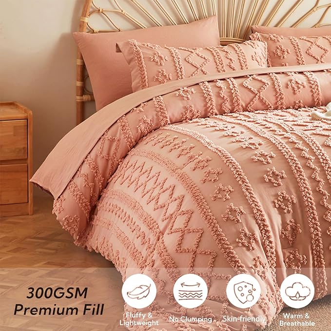 MR&HM King Size Comforter Set Coral Pink, 7 Pieces Tufted Boho Beddding Sets, Farmhouse Style Bed in a Bag with 1 Comforter, 2 Pillow Shams, 2 Pillowcases, 1 Flat Sheet, 1 Fitted Sheet for All Seasons