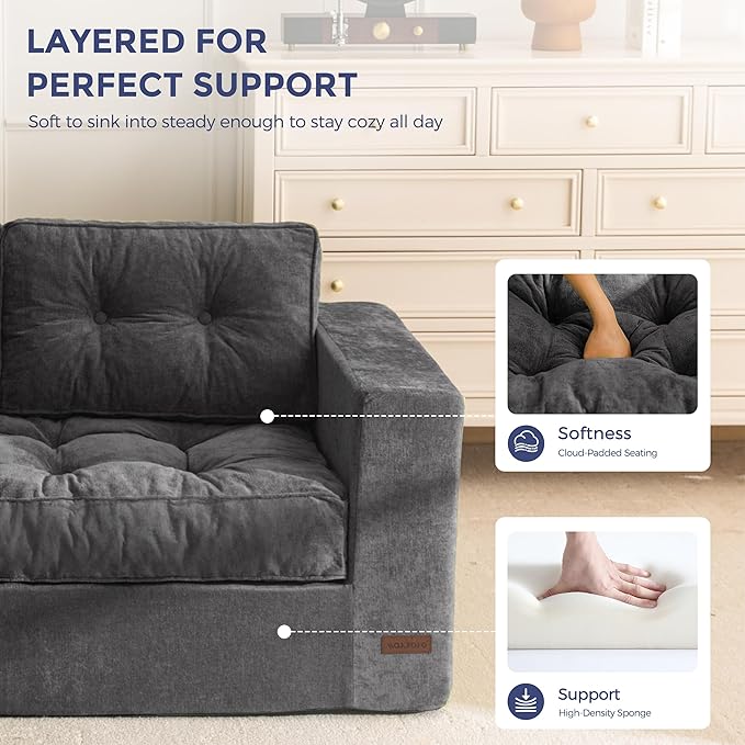 MAXYOYO Boneless Sofa Couch, Loveseat Sofa for Small Space, Tufted 3-Seater Floor Couch Bean Bag Chair for Living Room Bedroom Apartment, Sofa in a Box, No Assembly Needed, Dark Grey