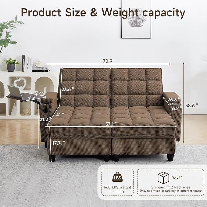 oaaktu 70.9'' Double Chaise Lounge with 360 Degree rotatable Side Table, Comfy Corduroy Indoor Lounge Chair with Armrest Storage, Cup Holder, USB Port, and Pillow for Living Room or Bedroom (Coffee)
