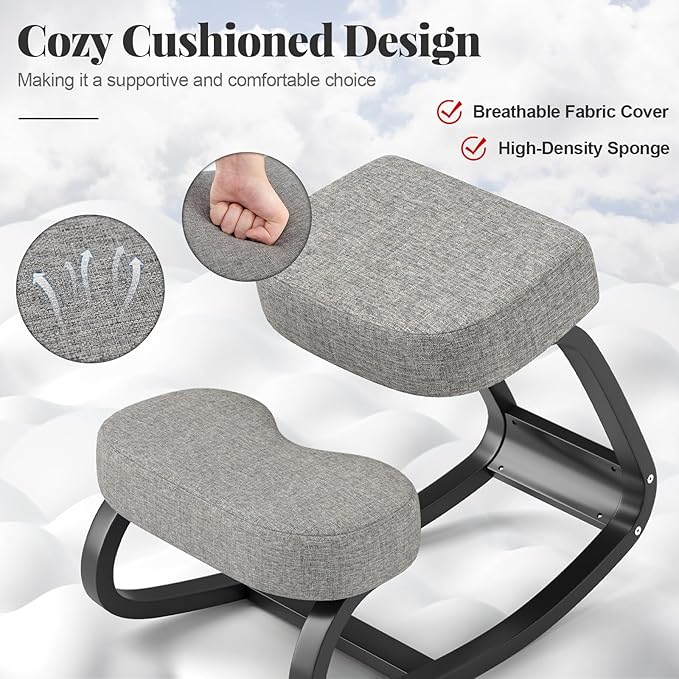 Giantex Ergonomic Kneeling Desk Chair, Upright Posture Chair with Cushion & Solid Wood Frame, Natural Relief for Neck or Back Pain, Wooden Knee Chair for Home Office (2)