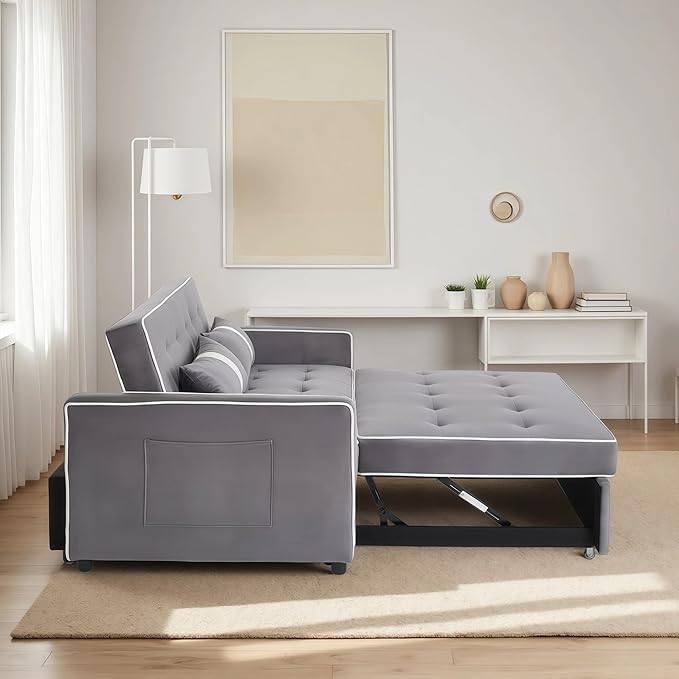 3 in 1 Convertible Loveseat Sleeper Sofa, Modern Futon Couch with Adjustable Backrest, Pull Out Sofa Bed Upholstered for Living Room Bedroom Apartment Small Space (Grey)