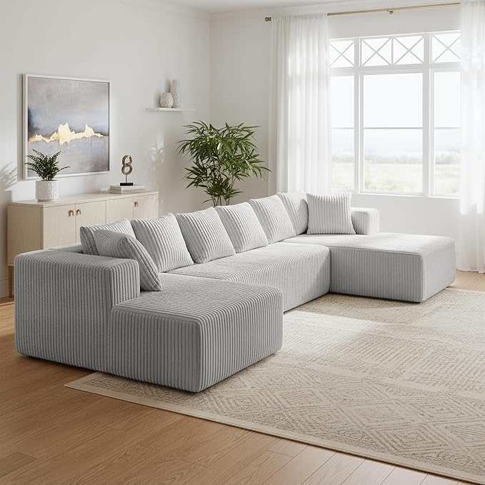 130" Boneless Couch, Cloud Couch Sectional, Corduroy Sofa for Living Room, U Shaped Modular Sofa with Chaise, No Assembly, 4 Seats Oversized (Grey)