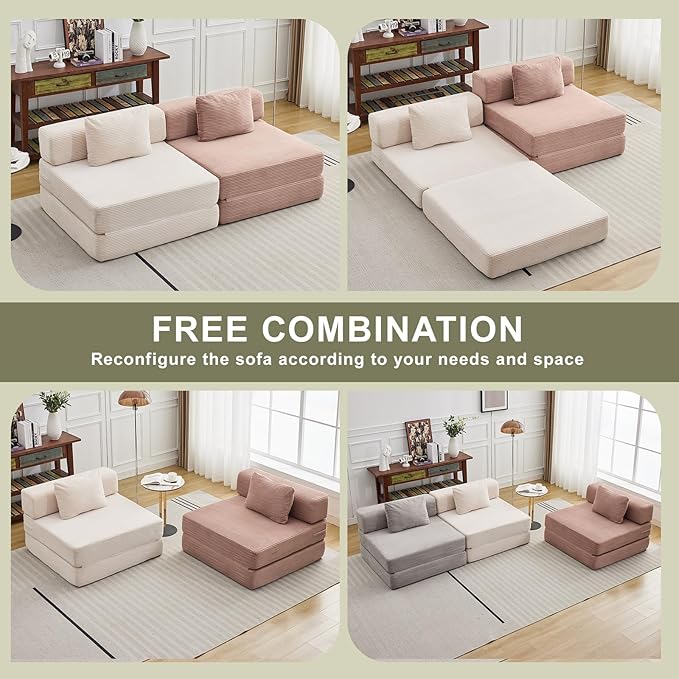 Modern Olive Single Sofa Bed, Convertible Foldable Sofa with Pillow, Comfortable Corduroy Fabric & High-Density Foam, Ideal for Living Room, Bedroom, Office, Apartment Lounge
