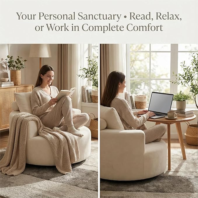 Furnimart 40" Oversized Barrel Accent Chair Set of 2, 360° Swivel Round Upholstered Sofa, Chenille High-Resilience Sponge, No Assembly, Wide Seat for Living Room, Bedroom, Apartment (Beige)