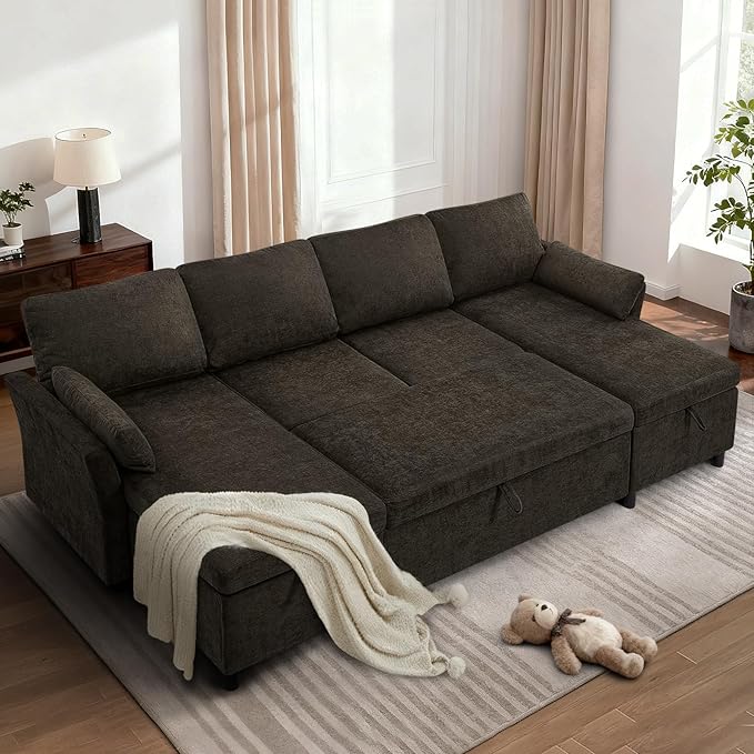 ACMEASE 107 Inches Fabric Sectional Sofa with Pull Out Sofa Bed, Modern U Shaped Sofa with Throw Pillows, Comfortable Sleeper Couch with Storage Chaise for Living Room, Brown