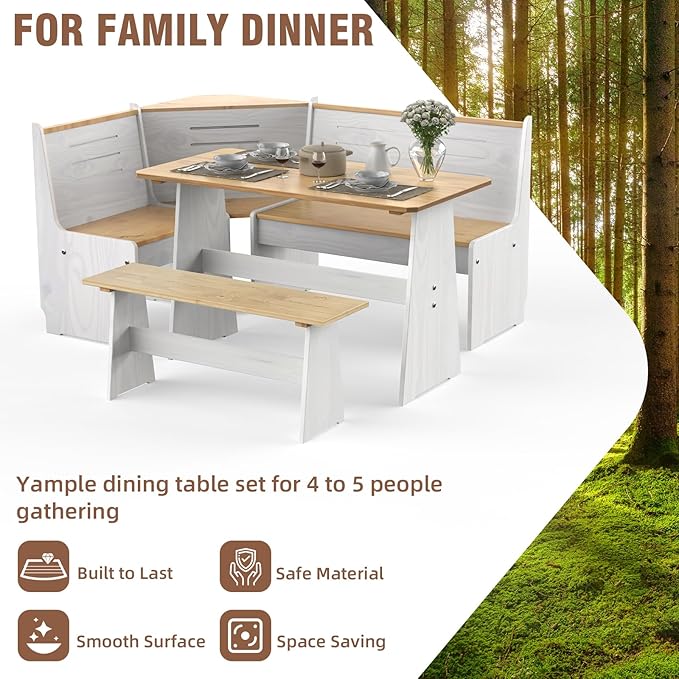 Breakfast Nook Table Set for Kitchen - White Bench Seating for Dining Room with Space Saving Solid Wood L Shaped Corner Dining Table Set Apartment for 4 to 6 People