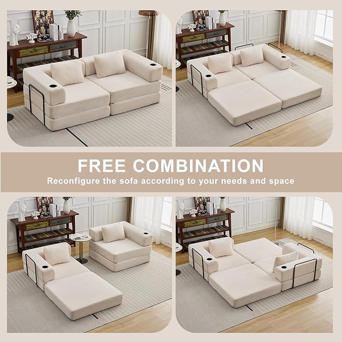 78" Loveseat Sleeper Sofa, 4 in 1 Convertible Floor Sofa Bed, Boneless Cloud Couch with Cup Holder, Fold Out Floor Couch for Living Room Bedroom Lounge, Corduroy, White