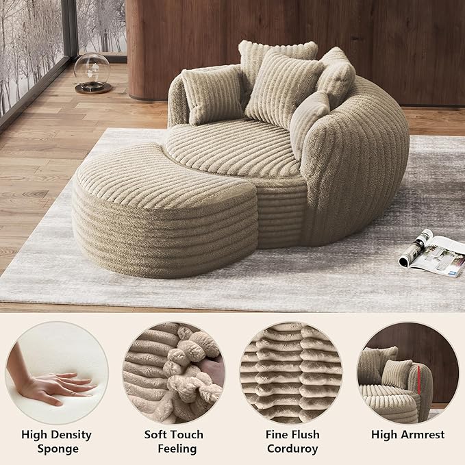 Oversized Chaise Lounge Chair Indoor with Ottoman 50.5" W x 67.0" D Round Soft Corduroy Comfy Oversized Reading Chair with 5 Pillows for Living, Reading Room - Camel