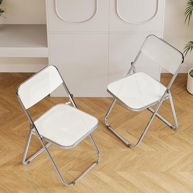 2 Pack White Plastic Folding Chairs - Space Saving Pair Stackable for Balcony, Breakfast Nook, Small Kitchen (250lb Capacity)