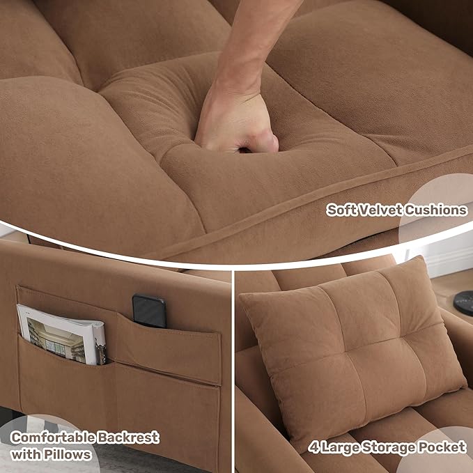 choairy Convertible Sleeper Chair, 3 in 1 Sleeper Chair Bed Pull Out Sofa Bed Chairs, Single Sofa Beds with Adjustable Backrest for Adults Reading Living Room, Bedroom, Velvet Brown