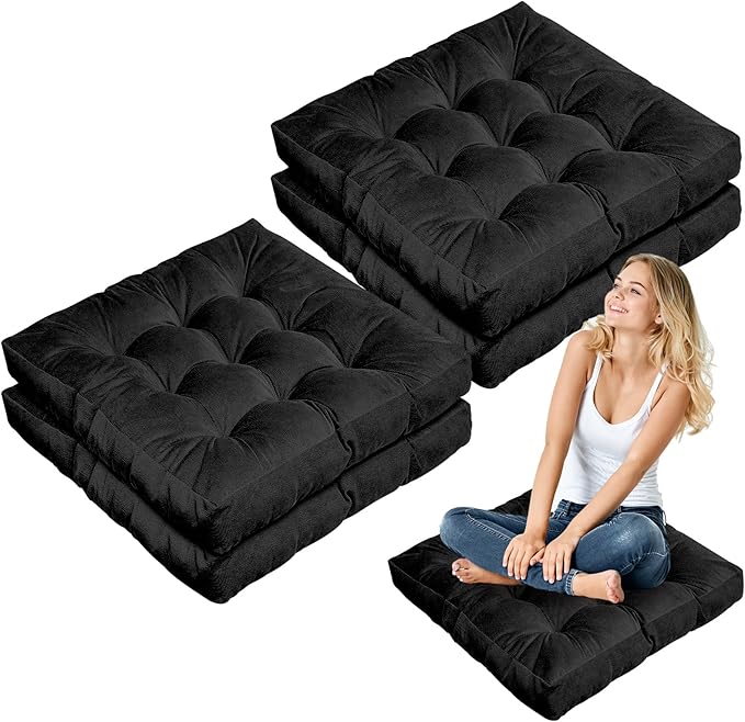 Jerify Floor Pillow Cushions 22 x 22 Inch Round Square Large Meditation Floor Pillow for Classroom Adult Meditation Picnic Party Cushion for Seating Gift Christmas(Square,Black,4 Pcs)