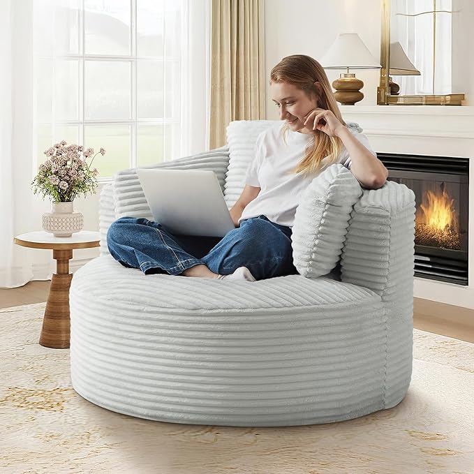 48"W Oversized Round Chaise Longue Chair Indoor,Corduroy Fluffy Comfy Cloud Chair,Circle Bean Bag Sofa with Foam Filling & Pillows,Boneless Reading Cozy Sofa Chairs for Living Room,Bedroom,Light Grey